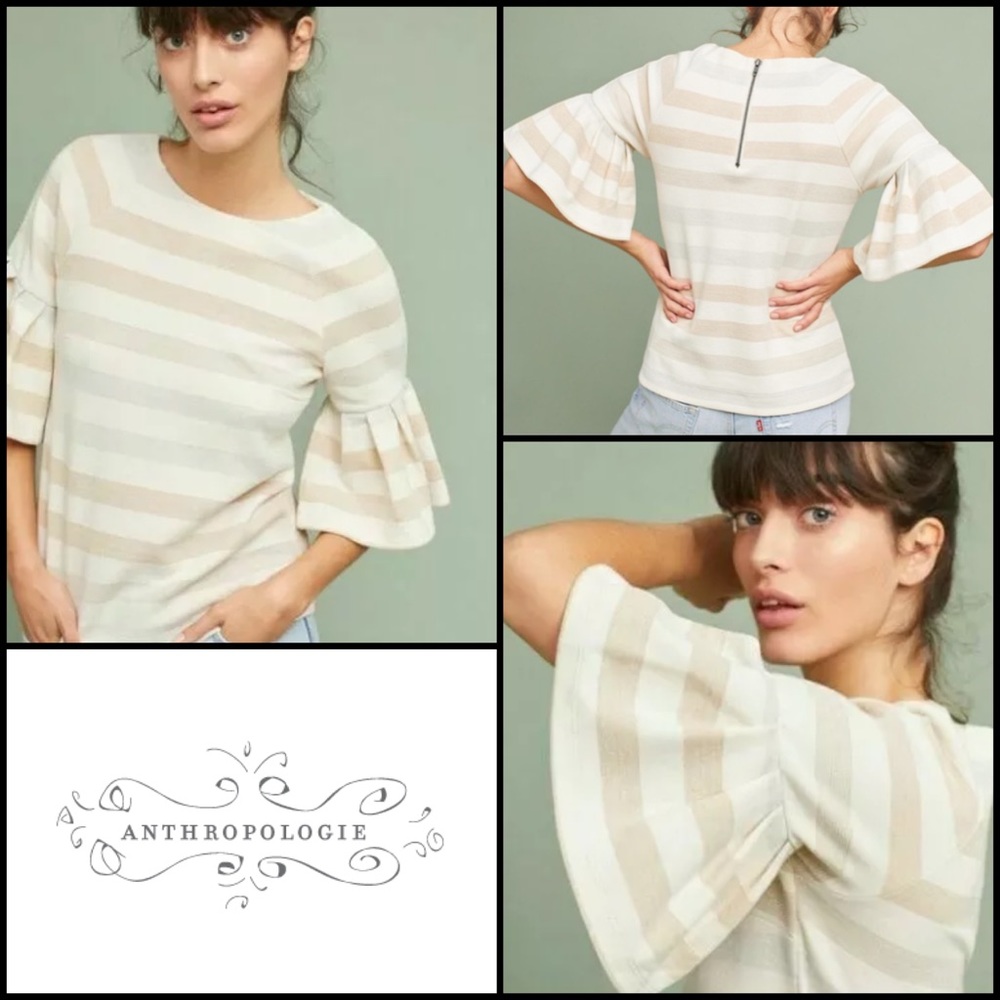 Anthro Maeve Metallic Shimmer Stripe Ruffle Bell Sleeve Blouse Top
